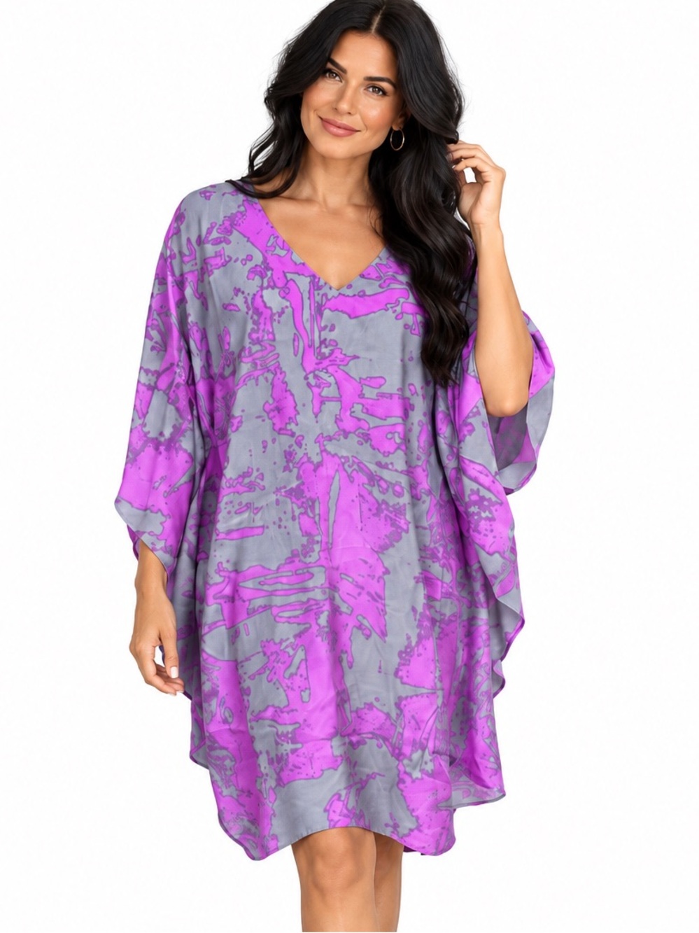 Nicole Miller Collection Abstract Print V-Neck Silk Dress Gray Bright Purple